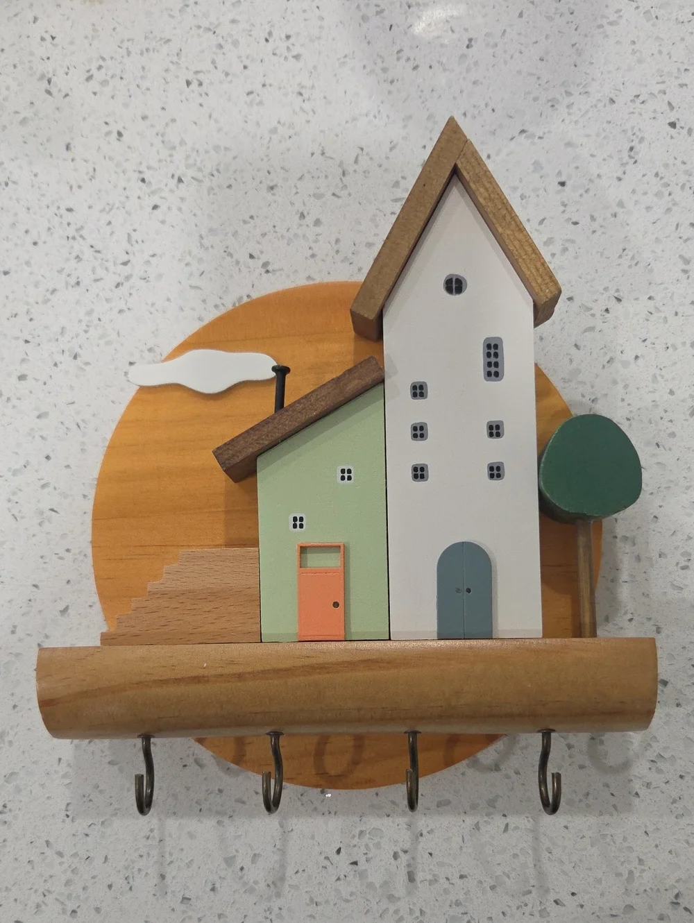Decorative Wooden House Key Rack - Green, White, Orange